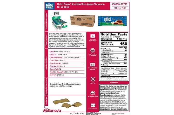 38000 59779 Nutri-Grain Bars for Schools -Apple Cinnamon K-12 Spec Image