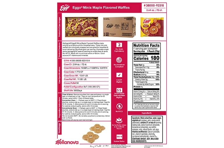 38000 92315 Eggo Minis Maple Flavored Waffles K-12 Spec Image