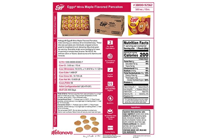 38000 92562 Eggo Minis Maple Flavored Pancakes K-12 Spec Image